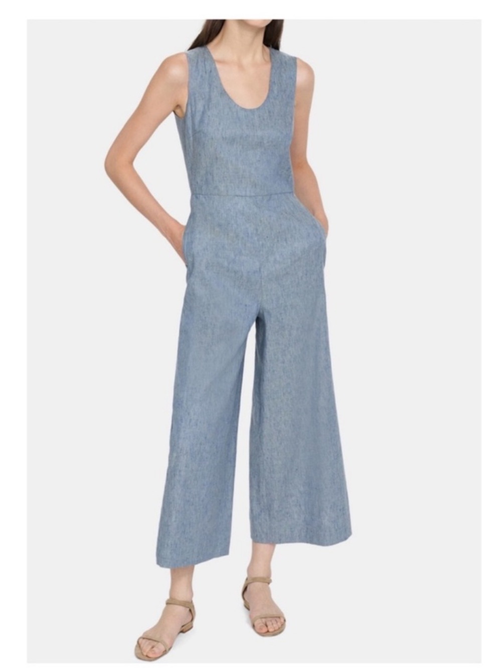 New! THEORY Seamed Wide Leg Jumpsuit in Linen Denim